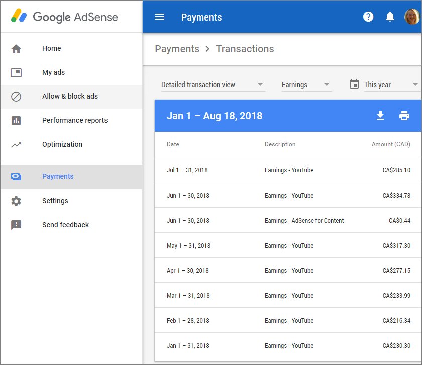 Google Adsense Earnings on YouTube